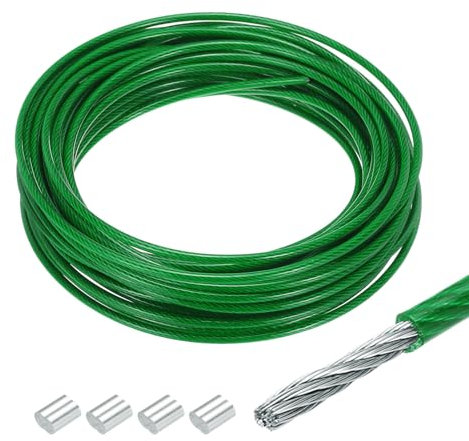 sourcing map 33Ft(10m) Wire Rope 304 Stainless Steel Cable 1/8(3mm) Vinyl Coated with 4Pcs Aluminum Sleeves for Hanging, Clotheslines, Lifting Green