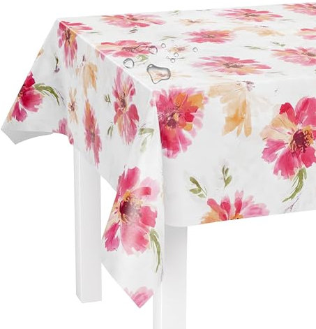LILENO HOME Tischdecke abwaschbar als Meterware 220x140cm (Schnittkante) in Flower Aquarell Motiv - Wachstuchtischdecke wasserabweisend ideal als Tischtuch o. Tischläufer für Bierzeltgarnitur