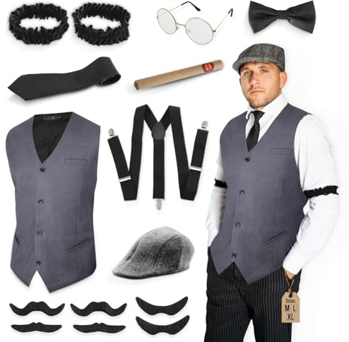 Festicy 20er Jahre Kostüm Herren im Mafia Gangster Look I Mafia Kostüm Herren Fasching in Größe M I L I XL mit Weste, Hut, Krawatte u.v.m. I Karneval Kostüm Herren im Charleston Stil