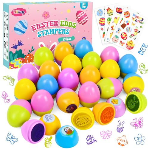Ulikey 24 Stück Ostereier Stempel Set, Ostern Selbstfärbend für Kinder, Mehrfarbig Tierstempel mit 4 Pcs Osteraufkleber, Ostern Briefmarken Geschenke für Kinder, Klassenzimmer-Preise