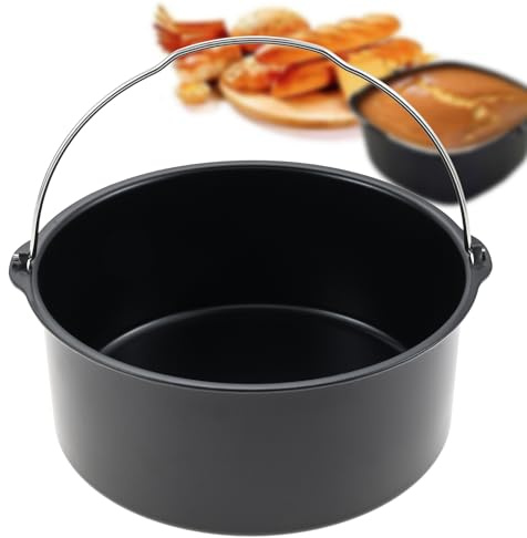 Yetaha Air Fryer Accessories 6/7/8 inch, Cake Barrel Tin Non-Stick Baking Pan, General Air Fryer Accessories Sturdy Steel Pizza Bread Pan Dish with Handle, Non-Stick Baking Pan, Black 7inch