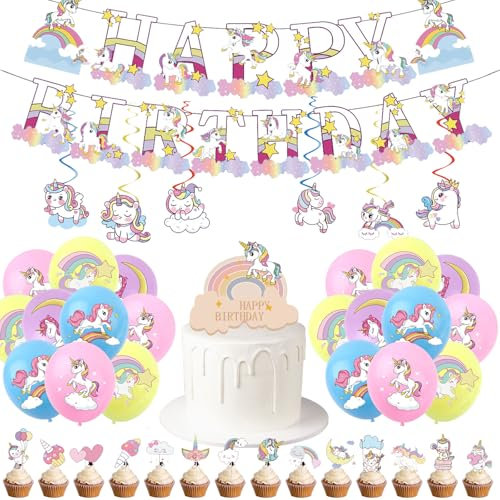 Unicorn Birthday Party Decorations for Girls Unicorn Party Decorations 4th 5th 6th 8th Kids Girls Birthday Decorations Party Supplies with Birthday Banner Hanging Swirls Balloons Cake Toppers