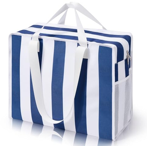 KALIDI Strandtasche XXL Familie, Wasserdicht Badetasche mit Reißverschluss Groß Schwimmbadtasche Beach Bag Einkaufstasche Saunatasche Shopper Tasche (Blau und Weiß)