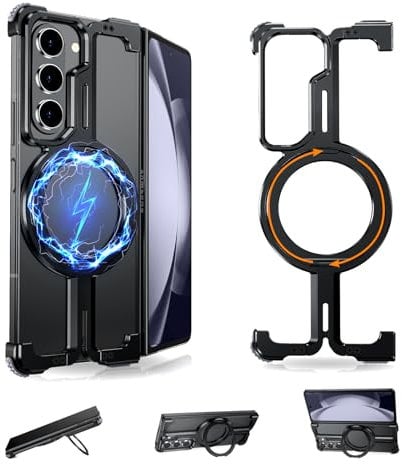 NIFBANG for Samsung Galaxy Z Fold 5 Phone Case,Aluminum Frameless with Kickstand 360°Rotatable Magnetic Stand Bumper Cases,Metal Minimalist Shockproof Grade Protective Z Fold 5 Cover,,Black