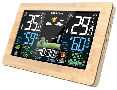 Wetterstation Funk mit Außensensor, Farbdisplay, Wettervorhersage, Temperatur, Luftfeuchtigkeit, Wecker mit Schlummerfunktion, Luftdruck,60m Übertragungsentfernung, für Innen und Außen