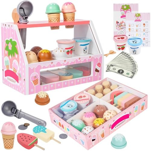 Eisdiele-Kinder-Holz, EIS-Spielzeug für Kind ab 6 Jahre, Holzspielzeug Küche Zubehör, Rollenspiele Eisladen Einkaufsladen für Mädchen, Rosa