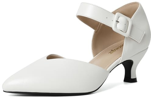 RIBONGZ Comfortable Kitten Heels for Women Pointed Closed Toe Ankle Strap Buckle Heels Slip on Low Heel Church Pumps Wedding Bridal Party Dressy Shoes, White, 5 UK