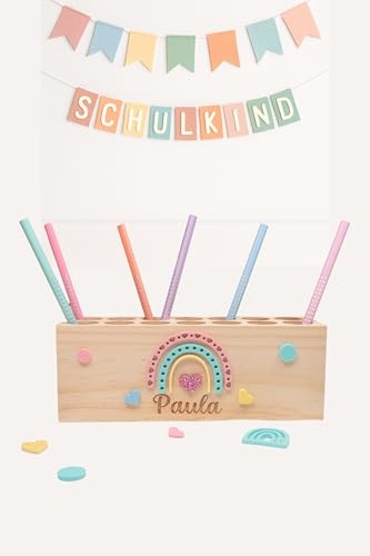 minipishop Einschulung Mädchen Stiftehalter personalisierte Stiftebox zum Schulanfang Regenbogen als Geschenke zur Einschulung und Schuleinführung Schulkind 2025 süße Geschenkidee