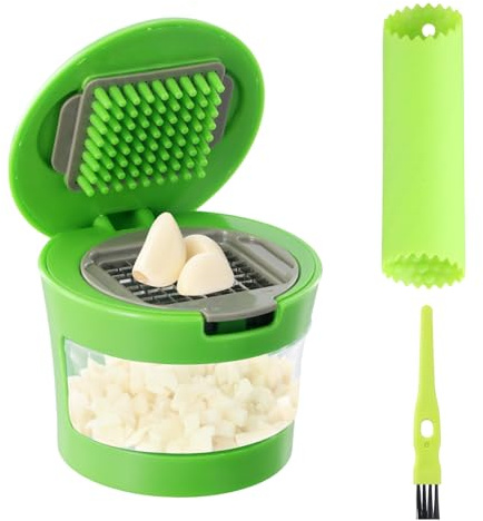 Garlic Press Crusher, Garlic Chopper, Garlic Cutter with Silicone Garlic Peeler, Cleaning Brush and Stainless Steel Blades, Garlic Press for Crushed Garlic, Ginger and Fruit, Green