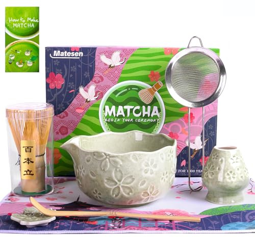 Matesen Matcha Set, 7-Piece Premium Starter Set, Green, Matcha Tea Set with Strainer Bom, Accessories for the Traditional Matcha Tea Set for Friends and Family