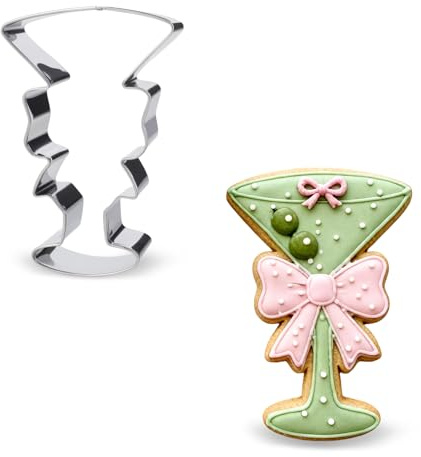 CORNER LACE Martini with Bow Cookie Cutter - Stainless Steel Cookie Biscuit Cutting Mold for Women Birthday Baby Bridal Shower Wedding Party Martini Glass DIY Craft Home Baking Supply