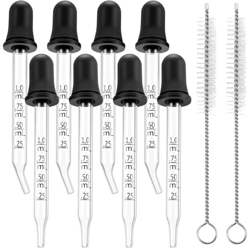 10 Stück Pipetten Set 8 X 1ml Pipette Glas Mit Gummikopf Und 2 X Reinigungsbürste Glaspipette Mit Gebogener Und Gerader Spitze Glastropfer Mit Messungen Für Dosieren Und Umfüllen Von Flüssigkeiten