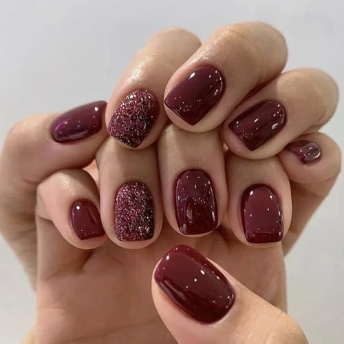 Short Square Press-On False Nails, Burgundy Glossy And Glitter, 24-Piece | Assorted Fitting Sizes, Varied Manicure Styling Within 1 Set, Home Manicures, Everyday Wear, Dinners And Social Events