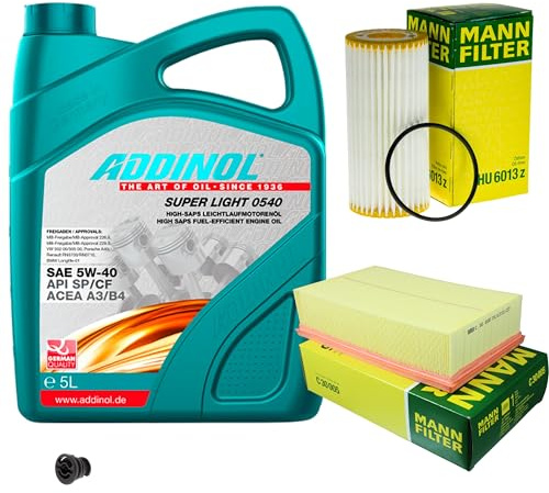 EISENFELS Inspektionspaket enthält 5 Liter Motoröl SUPER LIGHT 0540 5W-40 Ölfilter Luftfilter Verschlussschraube kompatibel mit Leon ST 5F8 1.8 TSi 5F5 5F1 Octavia III Combi 5E5 Superb 3V5 5E3 3V3