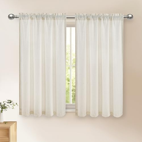 DWCN Leinen Natural Scheibengardinen Leinenoptik Vorhänge Kurz Gardinen | H145 x B140 cm, 2er Pack für Küchengardinen Wohnwagen Schrankvorhang Wohnzimmer Bistrogardine Landhaus
