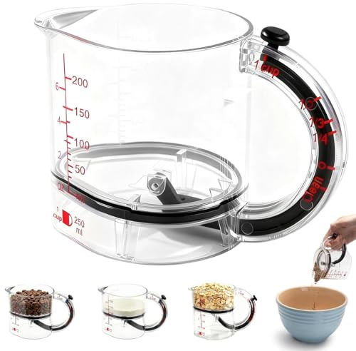 Gobesty 4-in-1 Adjustable Measuring Cup, Multi-Functional All in One Measuring Cups, Push Up Measuring Cup with Adjustable Base & Scraper for Wet Dry Sticky Ingredients, Easy to Clean, No Waste Design