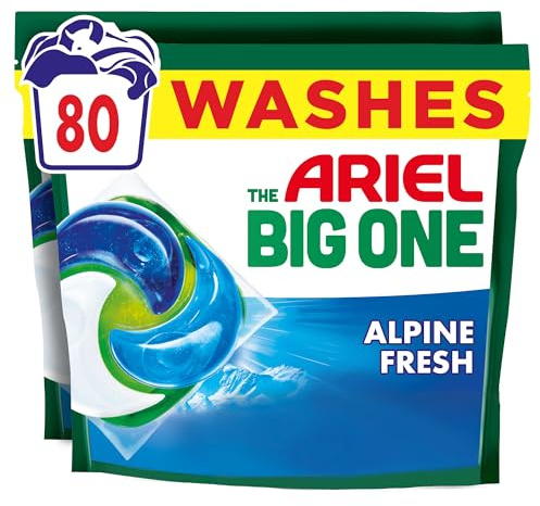Ariel The Big One PODS®, Washing Liquid Laundry Detergent Capsules, 2 x 40 Washes, Alpine Fresh, 2X Stain & Odour Removal, Fast Dissolving Even in Cold
