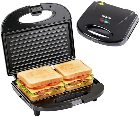 Nirva Doppel Sandwichmaker - 750 W Sandwichtoaster, Antihaftbeschichtung, klassische Streifenform für 2 Sandwiches, schnell aufheizend, wärmeisolierter Griff, Schwarz
