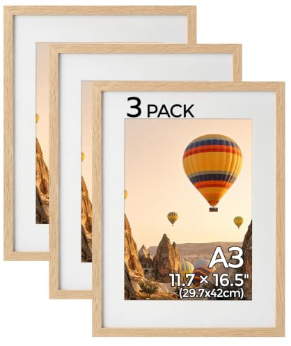 HOUSE DAY Uppsättning av 3 bildramar A3 – bildram 30 x 42 cm träram, plexiglas affischram, kollage affisch dokumentram, MDF fotoram (natur)
