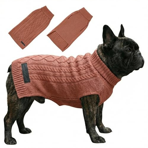 Bobby & Poppy Strick Hundepullover, Warmer Winterpullover für kleine, mittlere & große Hunde, ultrasofter Hundepulli Zopfmuster Dackel Französische Bulldogge - Altrosa M Cable Dog_Tostado_M