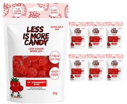 Less Is More Candy Lil’ Strawberry Bites Low Sugar Vegan Sweets, High Fibre Gluten Free Gummies, Plant Based Soft & Chewy Candy, 1.2g Sugar per Bag, 90g x 6 Pack