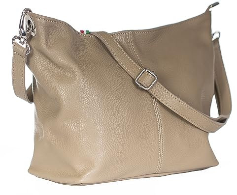 LIATALIA - Sac à main pour femme en cuir italian porté épaule - modèle Hobo/Fourre-tout - ADAL - (Taupe brun-roux)