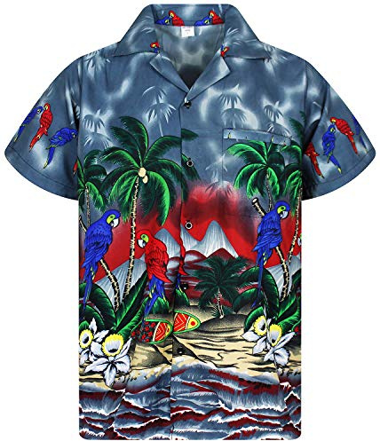 V.H.O. Funky Hawaii-Hemd, Herren, Kurzarm, Parrot, Grau, 5XL