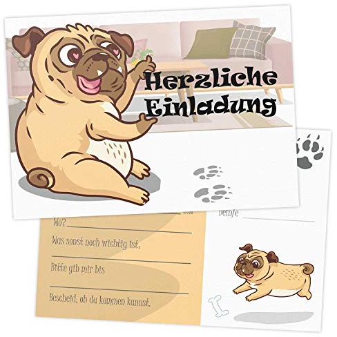 5 Geburtstagskarten zum beschriften im Hund Design mit Umschlägen, Motiv: Mops Pfoten, Einladungskarten mit Tier Motiv für Kinder mit beschreibbaren Feldern, flache Karten Einladung im Set zu 5 Stk.