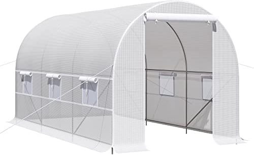 Outsunny Invernadero de Exterior 4x2x2 m Invernadero de Túnel con 6 Ventanas de Malla y Puerta Enrollable con Cremallera Invernadero de Huerto Anti-UV para Patio Jardín Blanco