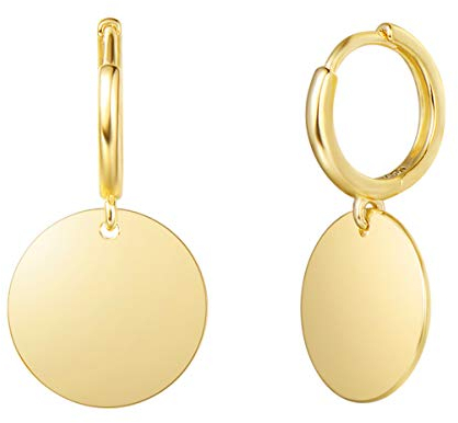 FANCIME 925 Sterling Silber mit Gelb Gold Plattiert Creolen Ohrringe Hängend Klein Ohrhänger mit Hochglanzpoliert Funkelnde Runde Münze Anhänger für Damen Mädchen Kinder - Größe: 28 * 15 mm
