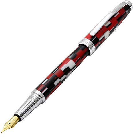 Xezo Urbanite II Fountain Pen, Medium Nib. Sporty Red, Black, and White Checkered Acrylic on Brass. Chrome Plated. Handcrafted, Limited Edition, Serialized