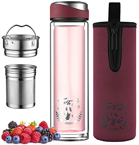 ecooe Teeflasche mit Sieb 440 ml Weinrot Doppelwandig Teebecher to go Bottle Trinkflasche mit 18/8 Edelstahl Sieb und Schutztasche Tee Glasflasche für Tee Kaffee Saft&Milchshak