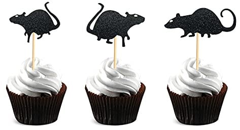 Arthsdite 48Pcs Rat Cupcake Toppers Black Glitter Halloween Mouse Theme Cupcake Picks for Kids Birthday Party Supply Decorations