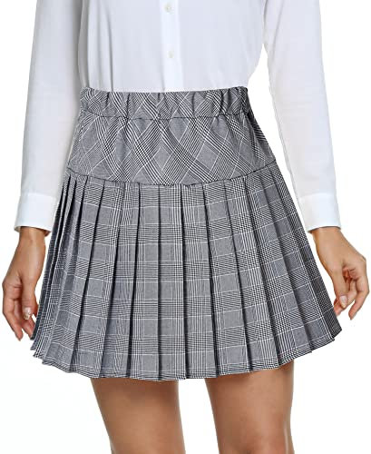 Damen Schule Stil Elastische High Taille Faltenrock A-Linie Kariert Tennis Mini Röcke mit Kurze Hosen(M, 11-Weiß)