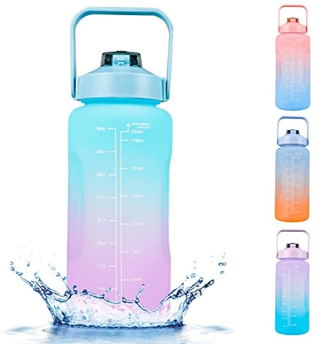 GOXFACA - Botella de agua deportiva de 2 litros sin BPA con marca de tiempo, botella de agua motivadora con pajita, a prueba de fugas, adecuada para gimnasio, al aire libre, oficina