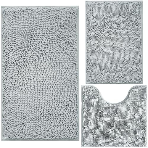 Bathroom Rugs Sets 3 Piece Extra Soft and Absorbent Shag Bathroom Rugs, Machine Wash Mat, Strong PVC Non-Slip Underside, Plush Carpet Mats (Light Grey)
