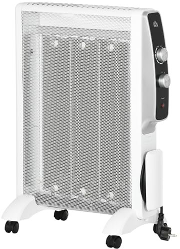 HOMCOM Calefactor Eléctrico 1000W/1500W Radiador de Mica Calefactor para Baño Silencioso con Termostato Regulable y 4 Ruedas para Sala de 15-18 m² 47x26,5x61,5 cm Blanco