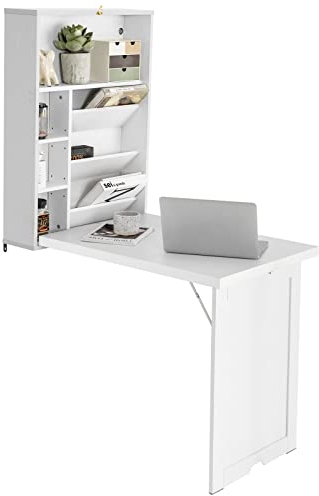 GOPLUS Klappbarer Schreibtisch zur Wandmontage, umwandelbarer Computertisch, schwebender Esstisch, Klapptisch Buchfächer, verstellbare Regale, platzsparende Arbeitsstation für Zuhause, Büro, Weiß