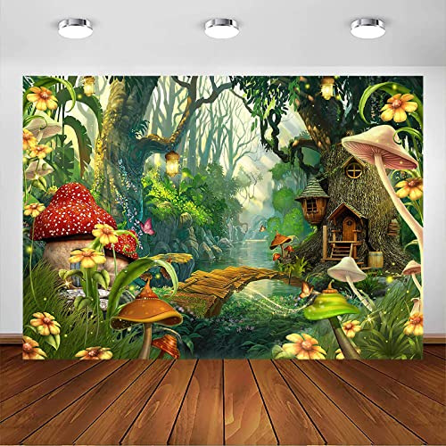 Avezano Toile de fond motif forêt de conte de fées - Champignon enchanté - Papillon - Pays des merveilles - Fond de photographie - Décoration de fête d'anniversaire (3 x 2,4 m)