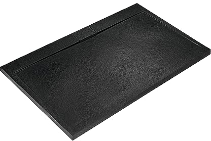 Ideal Standard - Ultra Flat S i.life, Piatto doccia rettangolare 140x70 in resina, Piletta di scarico lato lungo, Finitura opaca effetto pietra, Nero