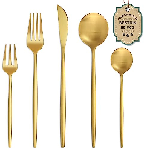 Bestdin Juego de cubiertos dorados mate, 60 piezas, juego de cubertería para 12 personas, con cuchillo, tenedor, cuchara, acero inoxidable, apto para lavavajillas