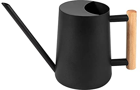Petit Arrosoir 1L Noir, Arrosoir Plantes d'intérieur en Acier Inoxydable avec Long Bec et poignée en Bois pour Intérieur et Extérieur Maison Jardin Arrosage pour Plantes en Pot, Orchidées, Fleurs