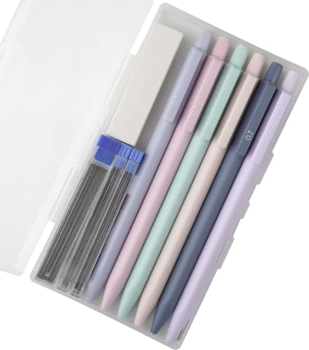 Idcrea Niedliches Druckbleistift-Set – 6 Bleistifte, 4 Röhren und 1 Radiergummi – 0,5/0,7 mm – dreieckiger Schaft – Bonbonfarben – zum Schreiben, Zeichnen, Mädchen-Geschenk (0,7)