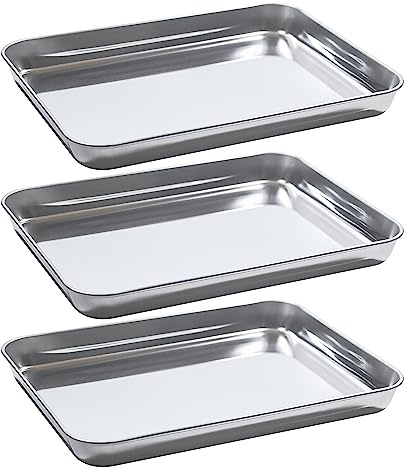 3 Pack Stainless Steel Baking Trays for Oven, Non Stick Baking Pans, Small Baking Sheet Pan Rectangle Non Toxic & Healthy Mirror Finish & Rust Free Easy Clean & Dishwasher Safe(10 x 8 x 1inch)
