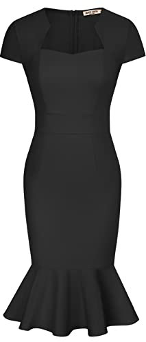 GRACE KARIN Womens Elegant Cap Sleeve Fishtail Midi Tweed Bodycon Dress, Black-Fishtail, M