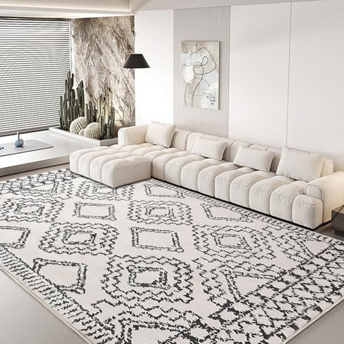 Leesentec Teppich Wonzimmer Teppiche Schoafzimmer Teppich Geermetrische Moderner Absttakter Teppiche Anti-Rutsch-Teppich Kurzfloriger Beige Teppich Große Weiß Teppiche (Elfenbein/Schwarz, 200*250cm)