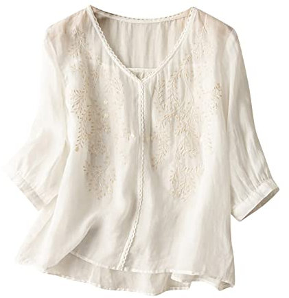 AMhomely Summer Tops for Women UK Cotton Linen Shirts Oversized Blouse 3/4 Sleeve Casual Work Embroidery Blouse Tops Shirts V Neck Loose Casual T-Shirts Tees Tops Henley T-Shirt White M