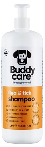 Floh- & Zeckenhundeshampoo von Buddycare - Beseitigt Flöhe, Zecken & Milben - Tiefenreinigungsshampoo für Hunde, Flohshampoo mit Teebaumöl & Eukalyptus für Hunde (1L)