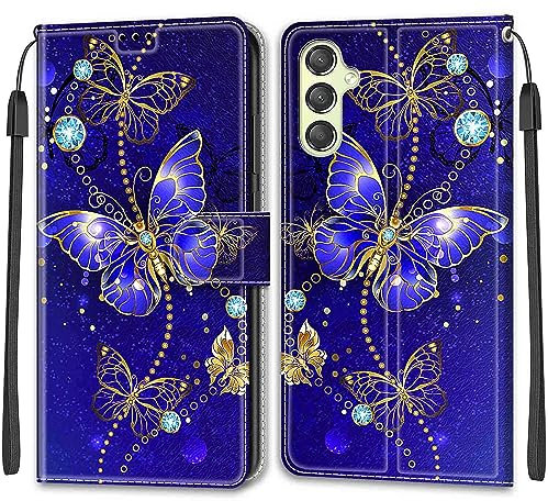 TOMYOU Coque pour Coque pour Samsung Galaxy A24 4G, Fermeture Magnétique Pochette Protection Housse avec Fentes pour Cartes Étui Papillon Bleu