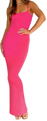 ORANDESIGNE Robe Débardeur Femme Longue Eté Slim Moulante Robe sans Manches à Spaghetti Bretelles Stretch Casual Décontracté Vacances Robes à Fronde Coupe Basse E Rose Rouge M